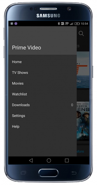 Menú lateral en aplicación Amazon Prime Video