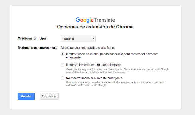 Opciones De La Extension Del Traductor De Google