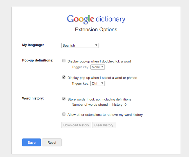 Google Dictionary Extension Options