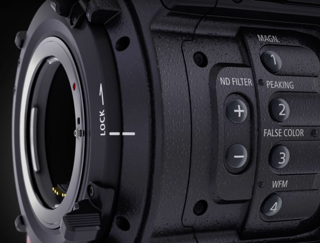 Detalle de los selectores de filtros ND en el panel lateral izquierdo de la Canon CINEMA EOS C700 que, al igual que la C300 Mark II, cuenta con dos ruedas que se pueden combinar para obtener una reducción de luminosidad de hasta 5 stops.